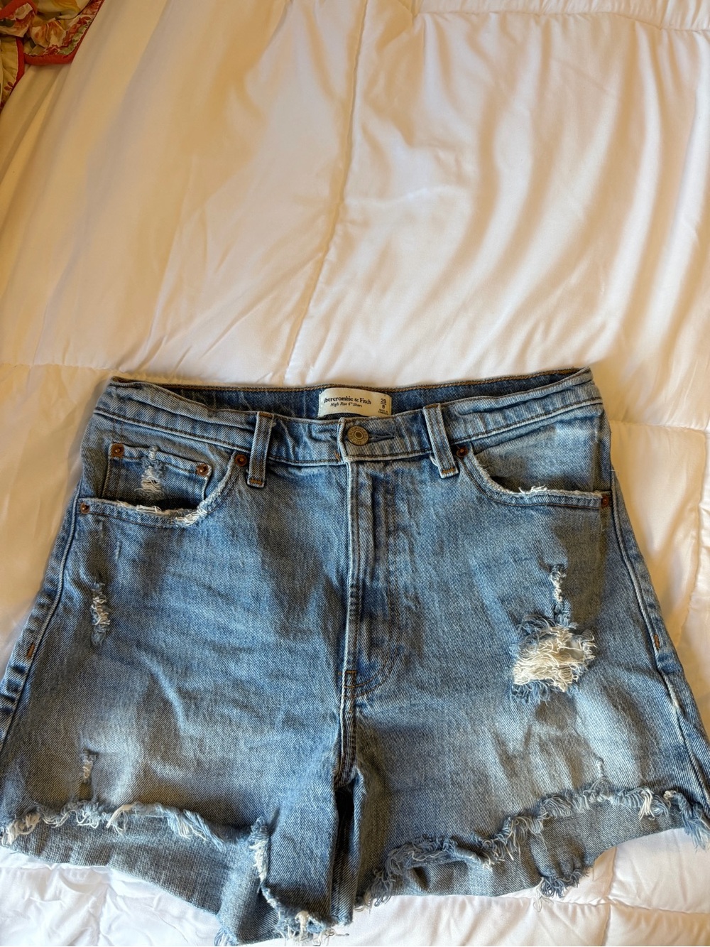 Abercrombie & Fitch Light Blue Distressed Denim Shorts- High Rise 4” Shorts